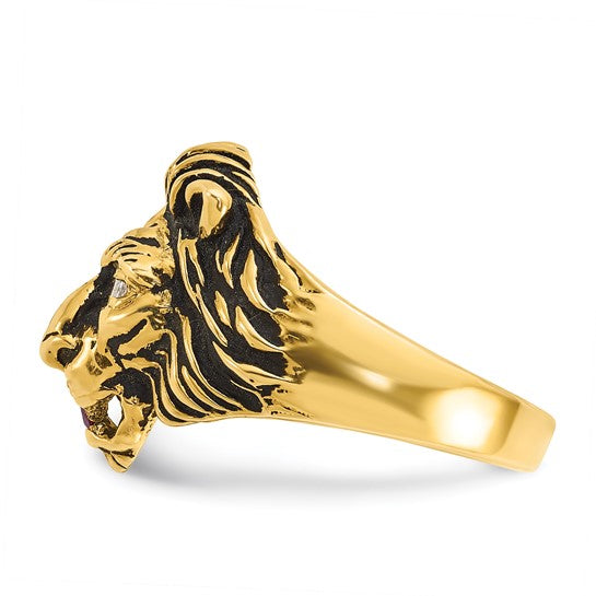 14k IBGoodman Men's 1/20 carat Diamond and Ruby Antiqued Lion Complete Ring