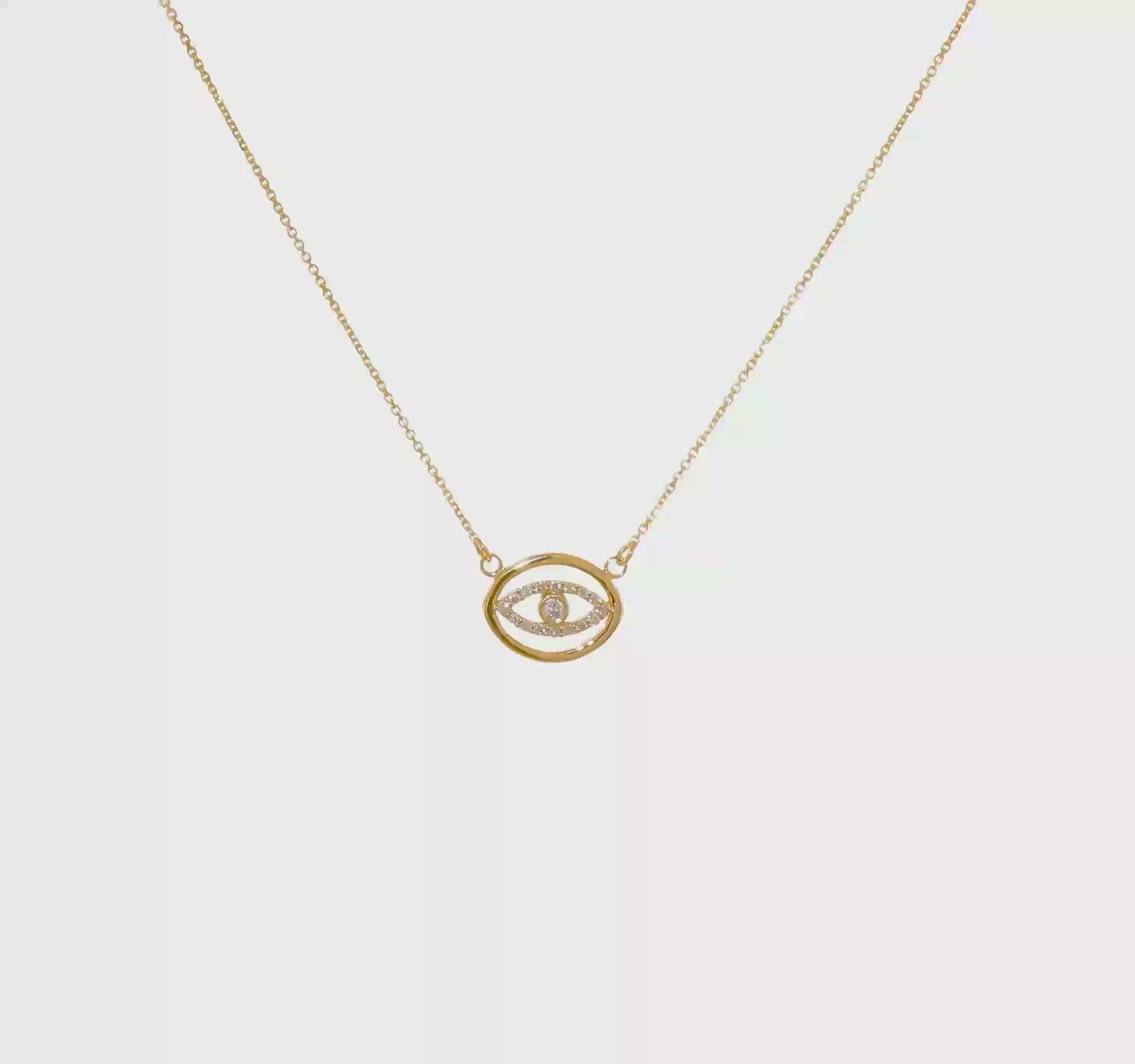 14k Polished 1/10 carat Diamond Halo Evil Eye 18 inch Necklace