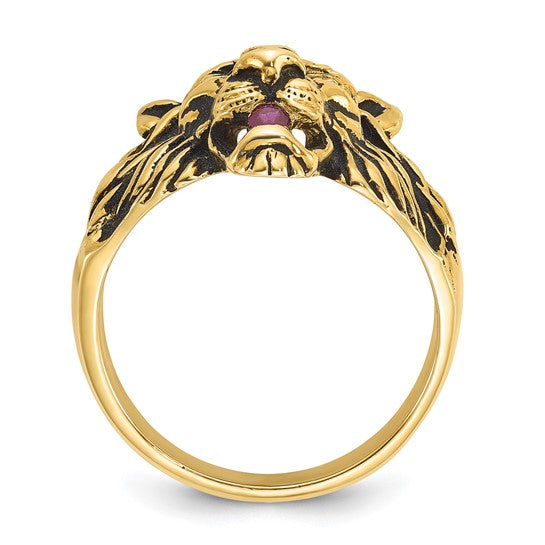 14k IBGoodman Men's 1/20 carat Diamond and Ruby Antiqued Lion Complete Ring