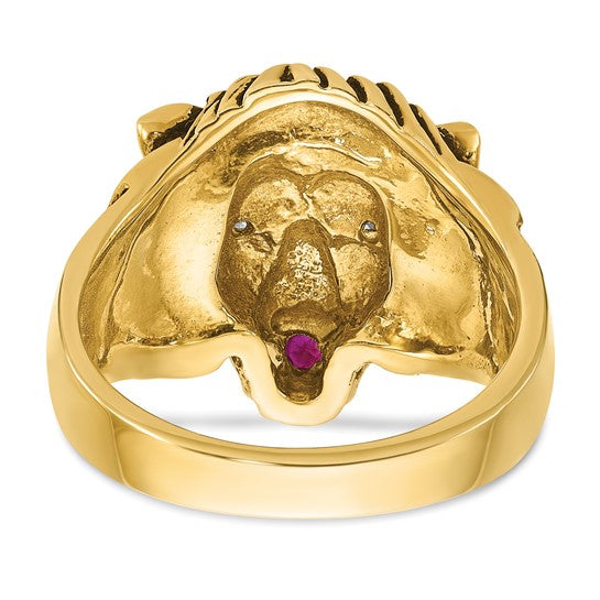 14k IBGoodman Men's 1/20 carat Diamond and Ruby Antiqued Lion Complete Ring