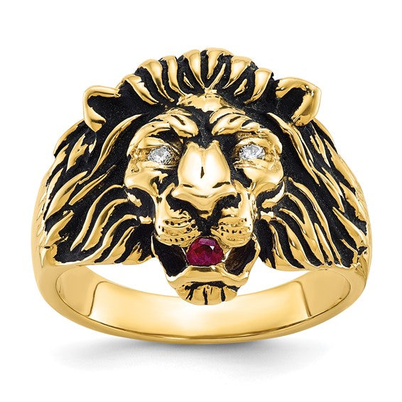 14k IBGoodman Men's 1/20 carat Diamond and Ruby Antiqued Lion Complete Ring