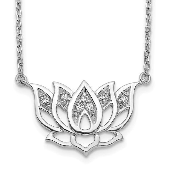 14k White Gold 1/15 carat Lab Grown Diamond VS/SI+ G+ Complete Lotus Flower 18 inch Necklace